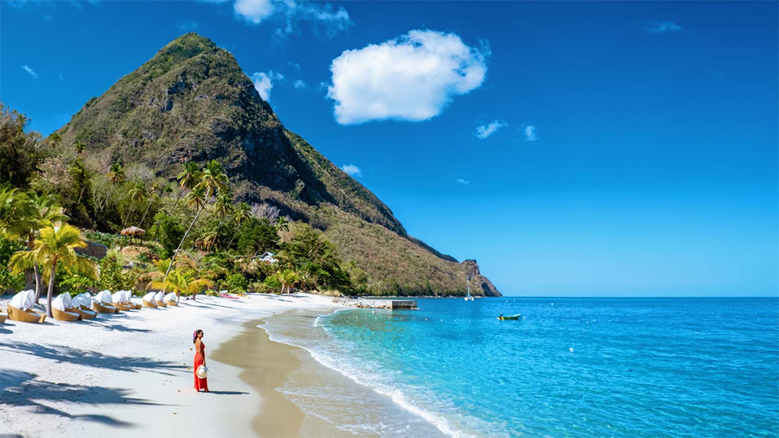 The iconic Pitons rising above the Caribbean Sea in Saint Lucia